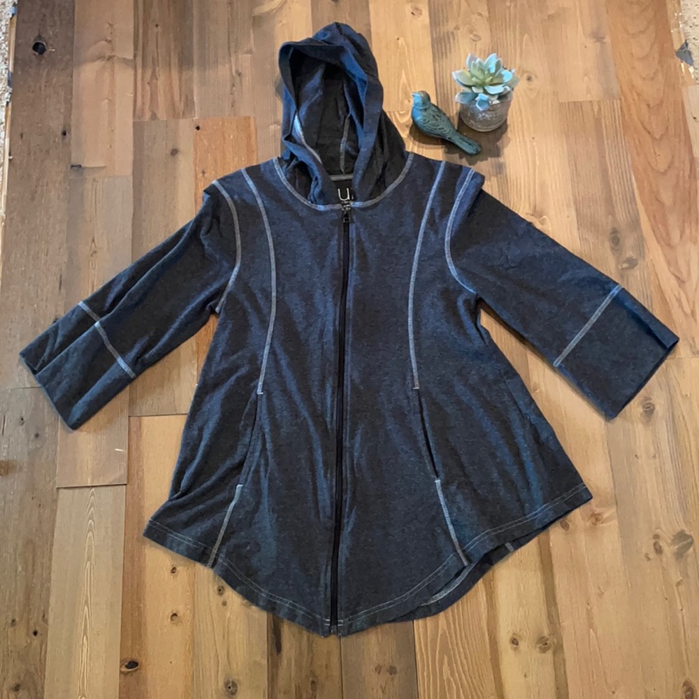 Lur Recycled Gray Full Zip Up Hoodie Large 3/4 Sleeve Pockets Tunic length